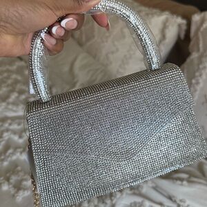 Crystal Embellished Silver Top-Handle Evening Bag